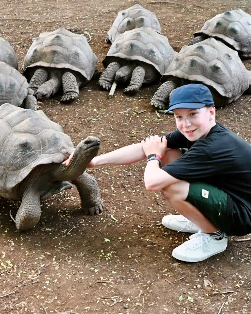 Ben streichelt Risenschildkröte auf Rodrigues